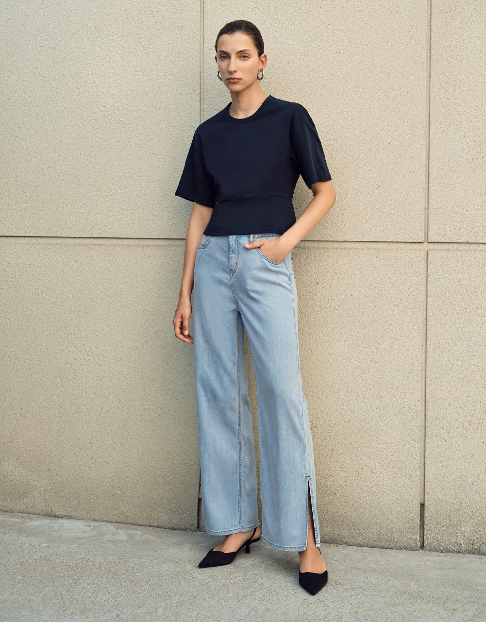 Elastic Waist Split Hem Jeans