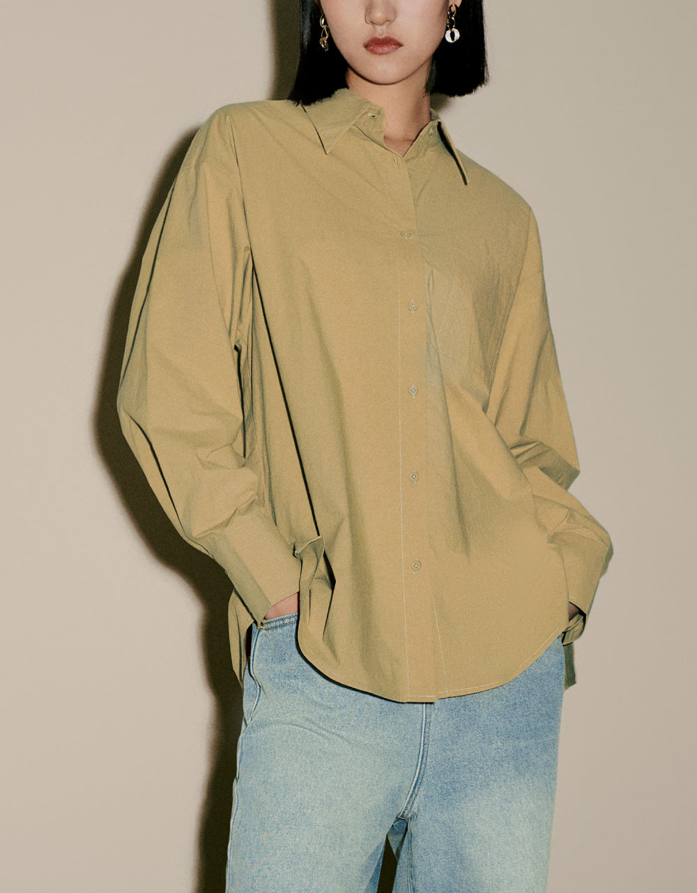 Button Up Drop Shoulder Sleeve Shirt