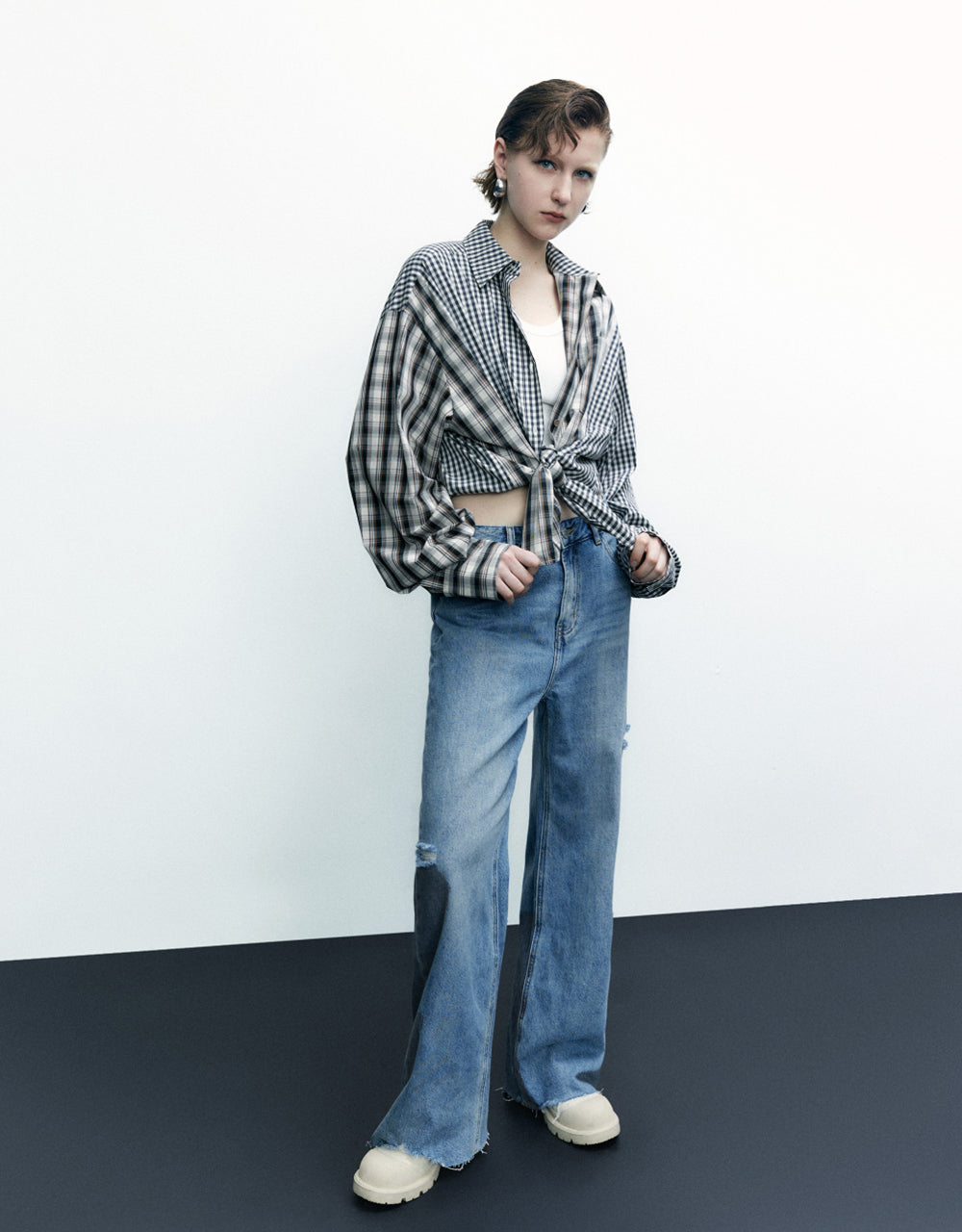 Two Tone Plaid Lapel Shirt
