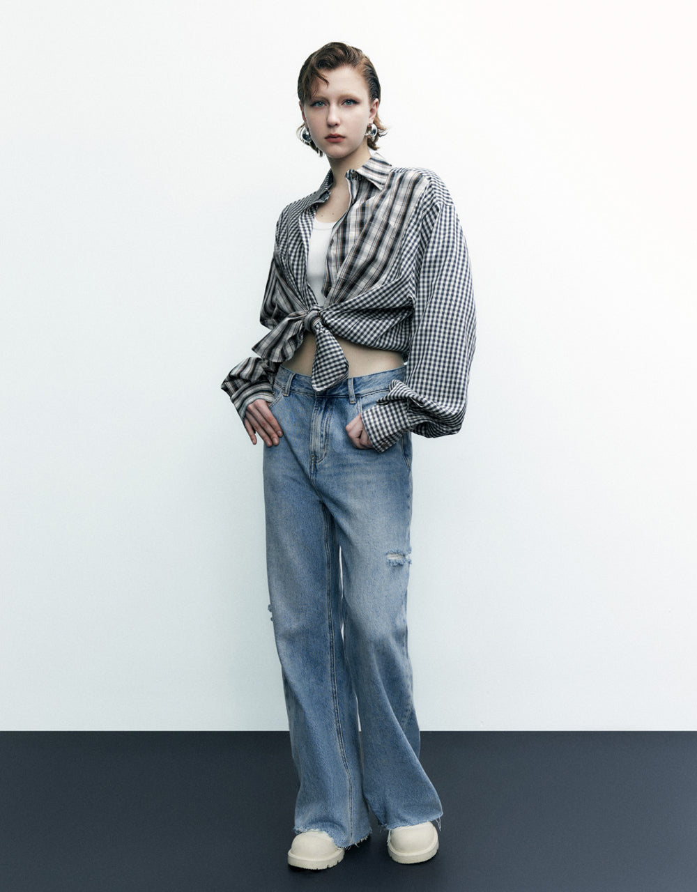 Two Tone Plaid Lapel Shirt