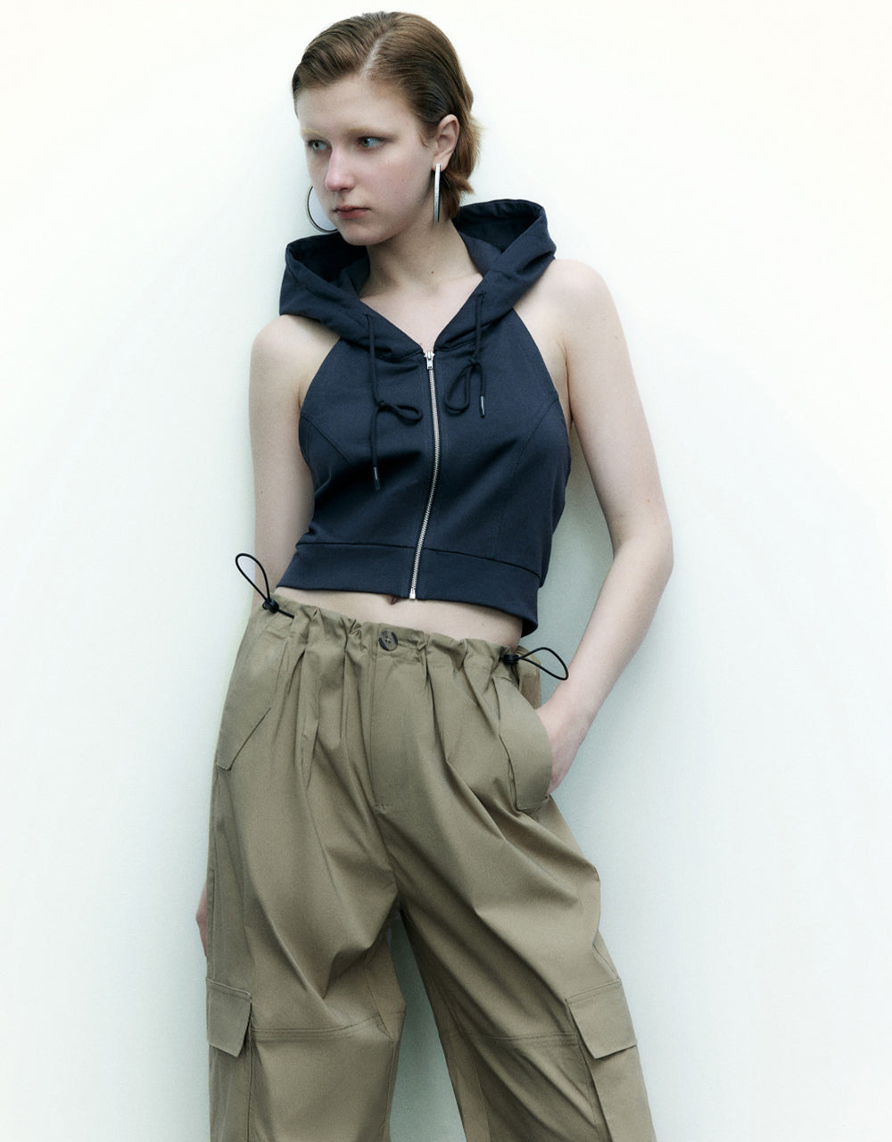 Sleeveless Hoodie Zipper Front T-Shirt
