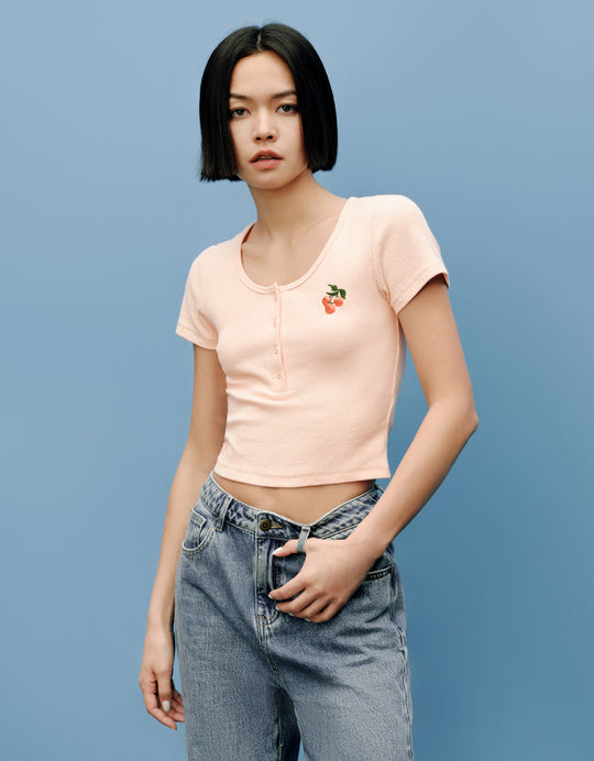 Cherry Printed U Neck Skinny T-Shirt