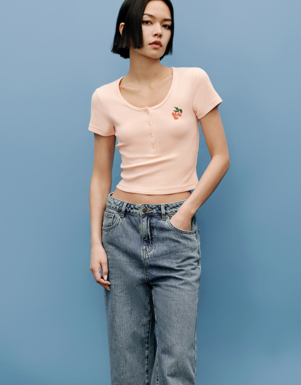 Cherry Printed U Neck Skinny T-Shirt