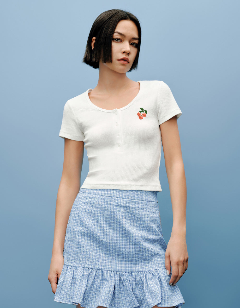 Cherry Printed U Neck Skinny T-Shirt