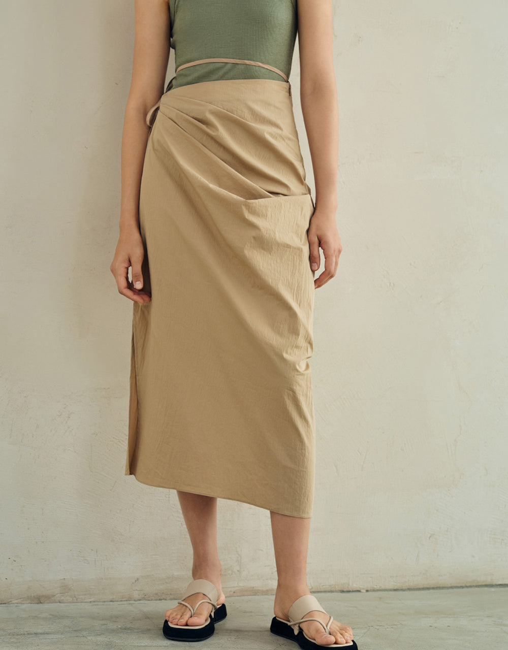 Midi Straight Skirt With Waist Rope