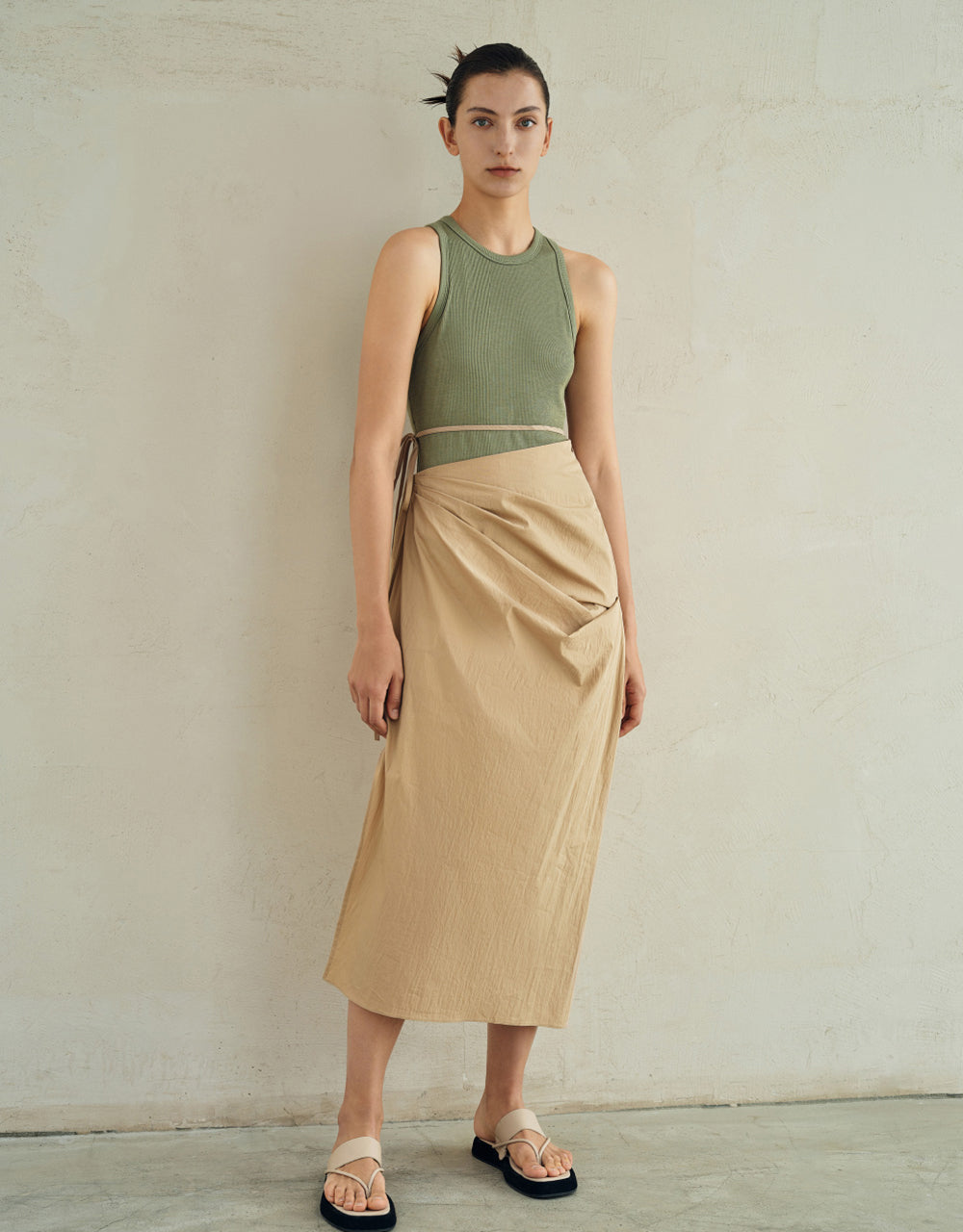 Midi Straight Skirt With Waist Rope