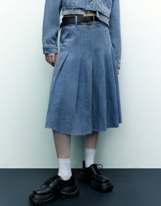 Pleated Denim Skirt With Belt