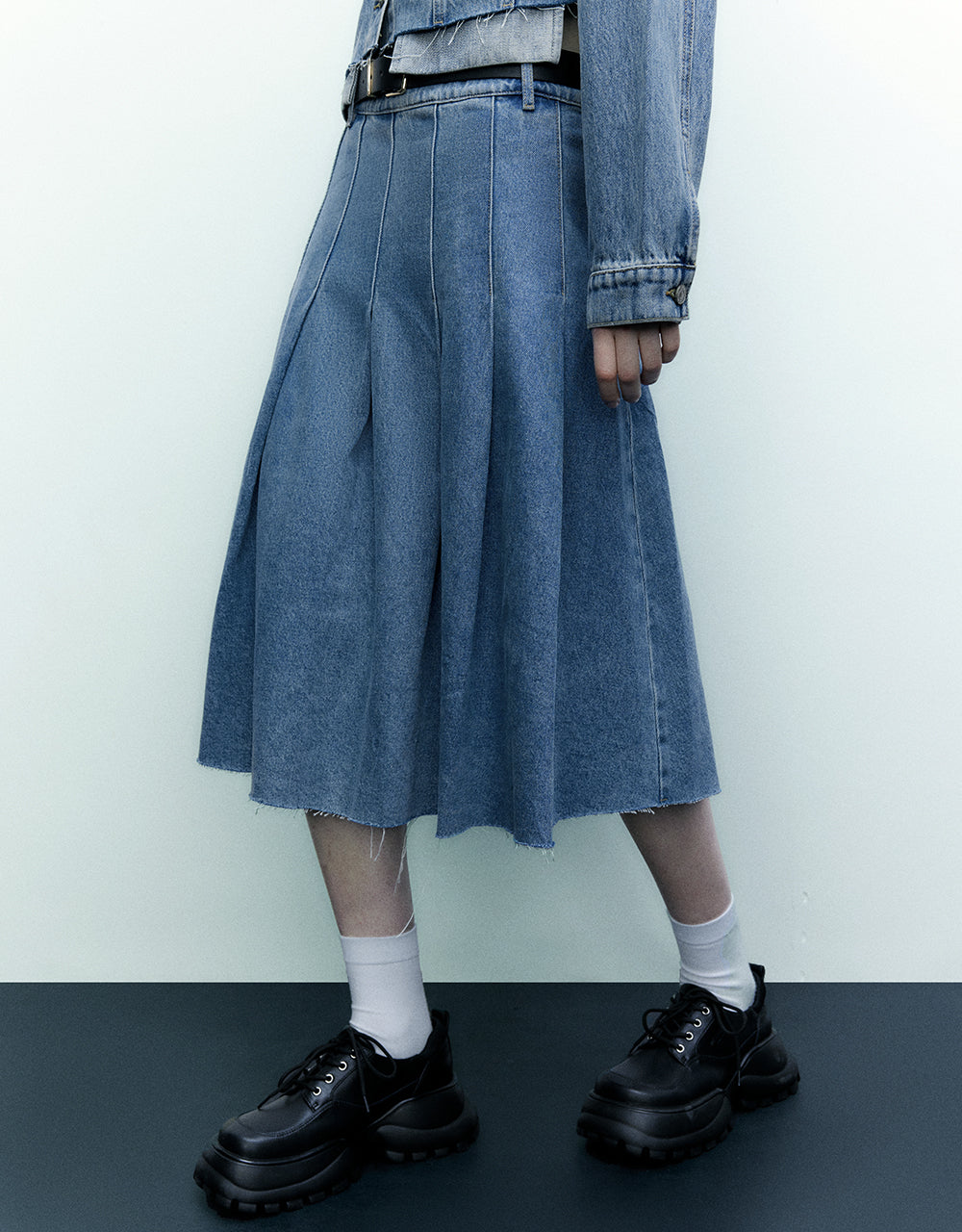 Pleated Denim Skirt With Belt