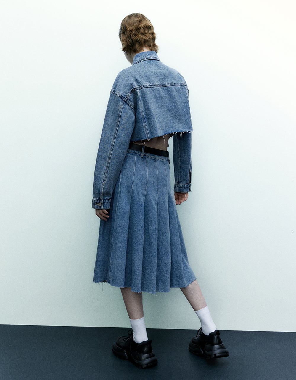 Pleated Denim Skirt With Belt