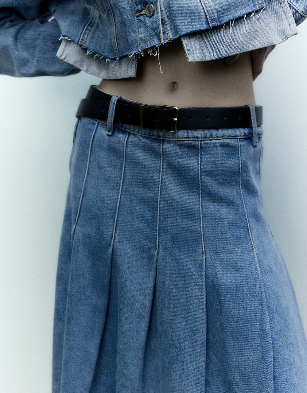 Pleated Denim Skirt With Belt