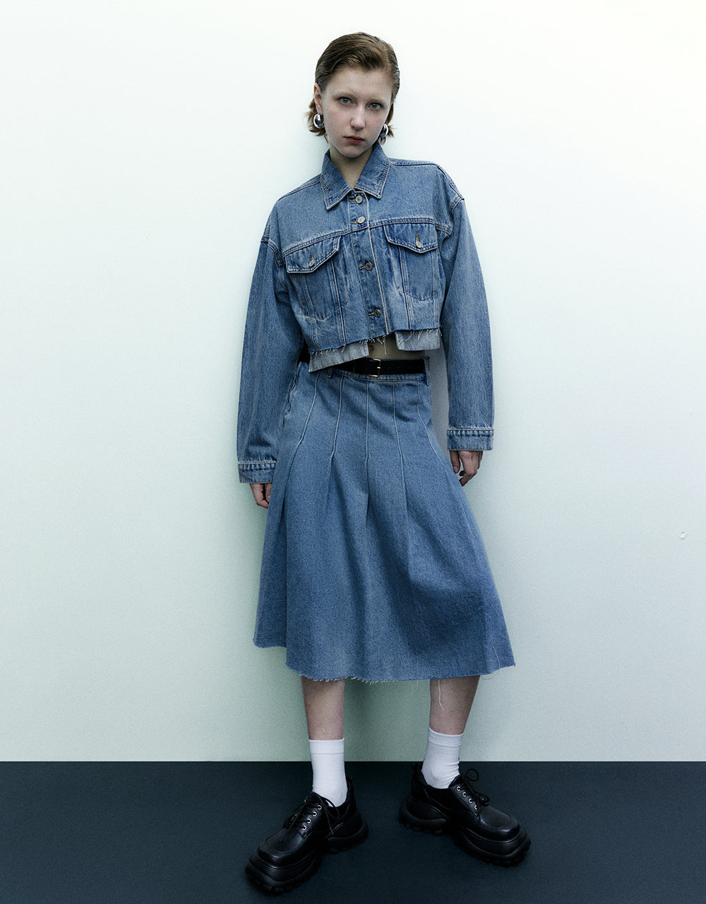 Pleated Denim Skirt With Belt