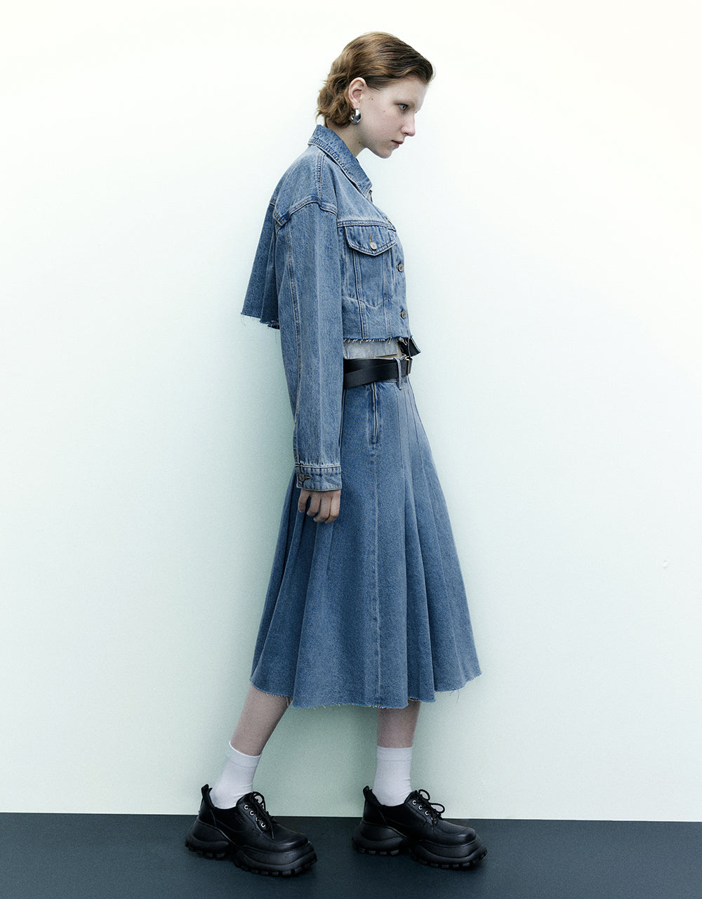 Pleated Denim Skirt With Belt