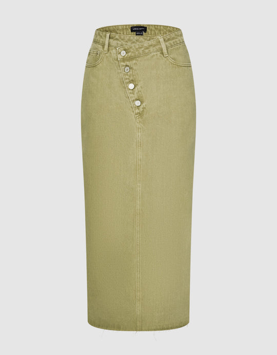 Slanted Button Midi Denim Skirt