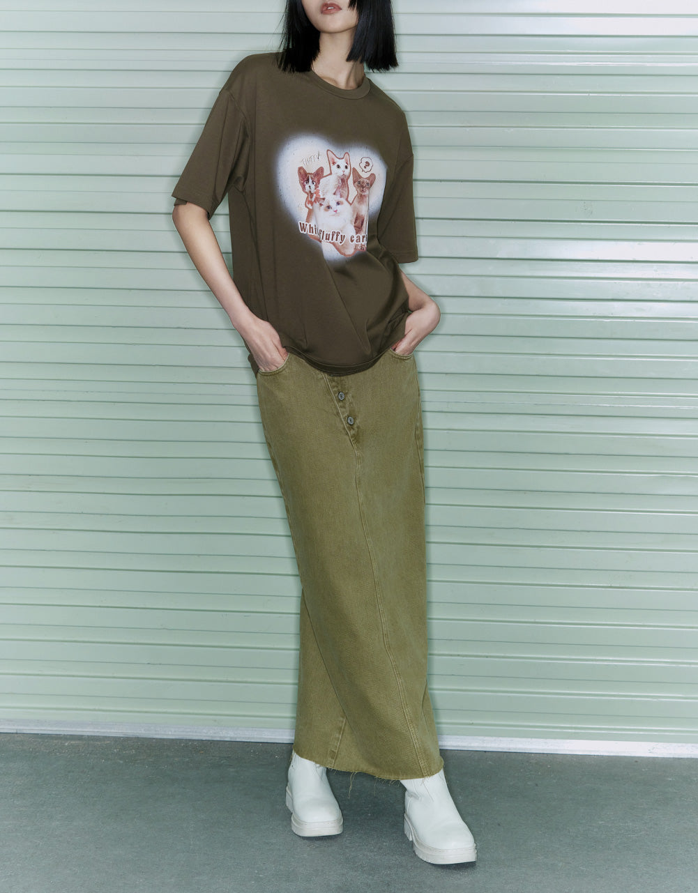 Slanted Button Midi Denim Skirt