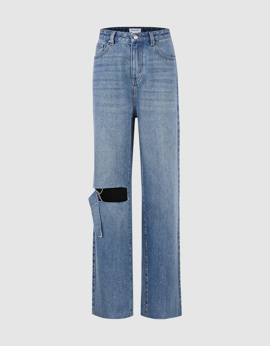 Ripped Raw Hem Wide-Leg Jeans