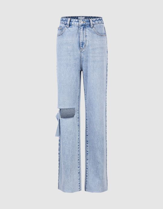 Ripped Raw Hem Wide-Leg Jeans