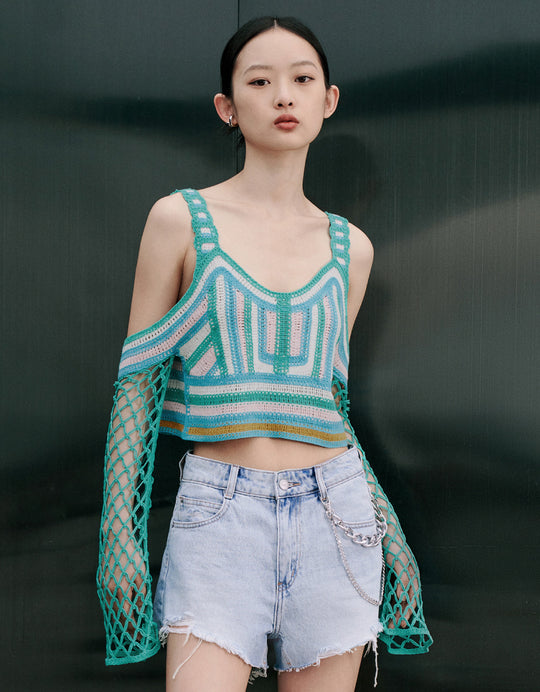 Cold Shoulder Pointelle Knitted T-Shirt