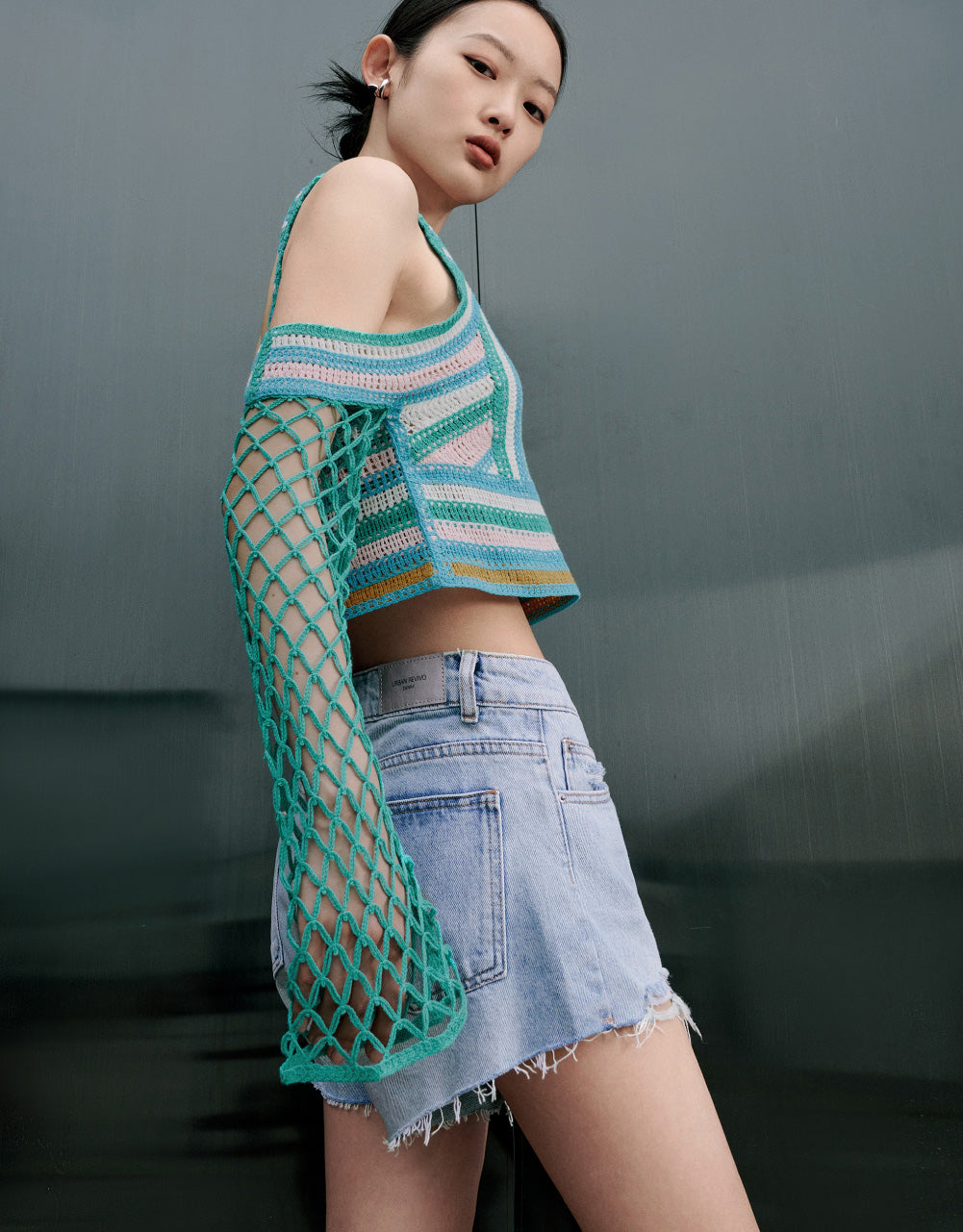 Cold Shoulder Pointelle Knitted T-Shirt