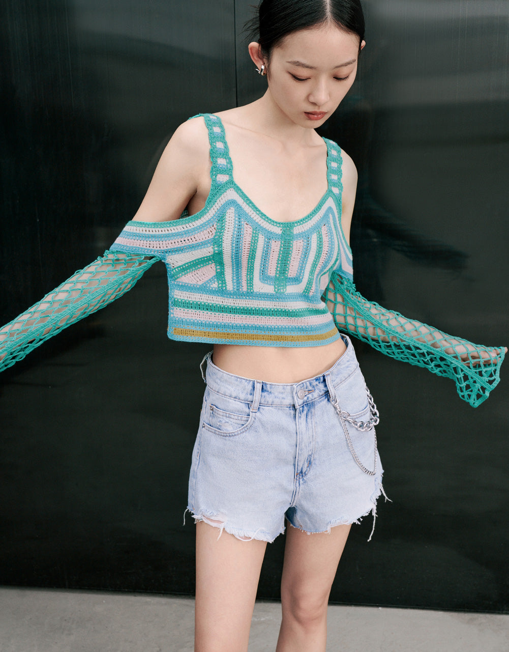 Cold Shoulder Pointelle Knitted T-Shirt