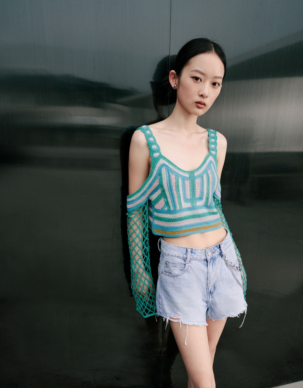 Cold Shoulder Pointelle Knitted T-Shirt