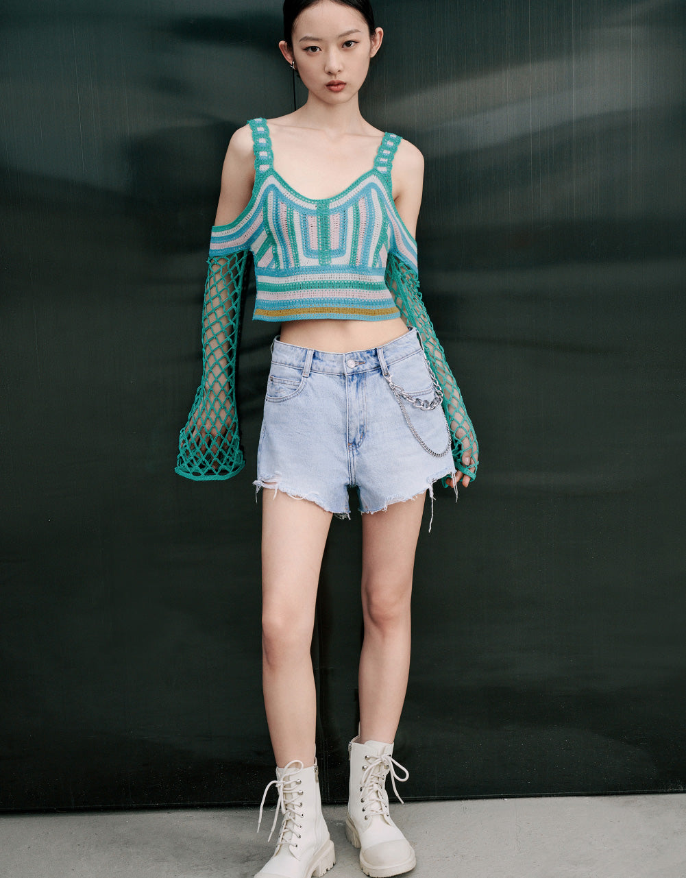 Cold Shoulder Pointelle Knitted T-Shirt