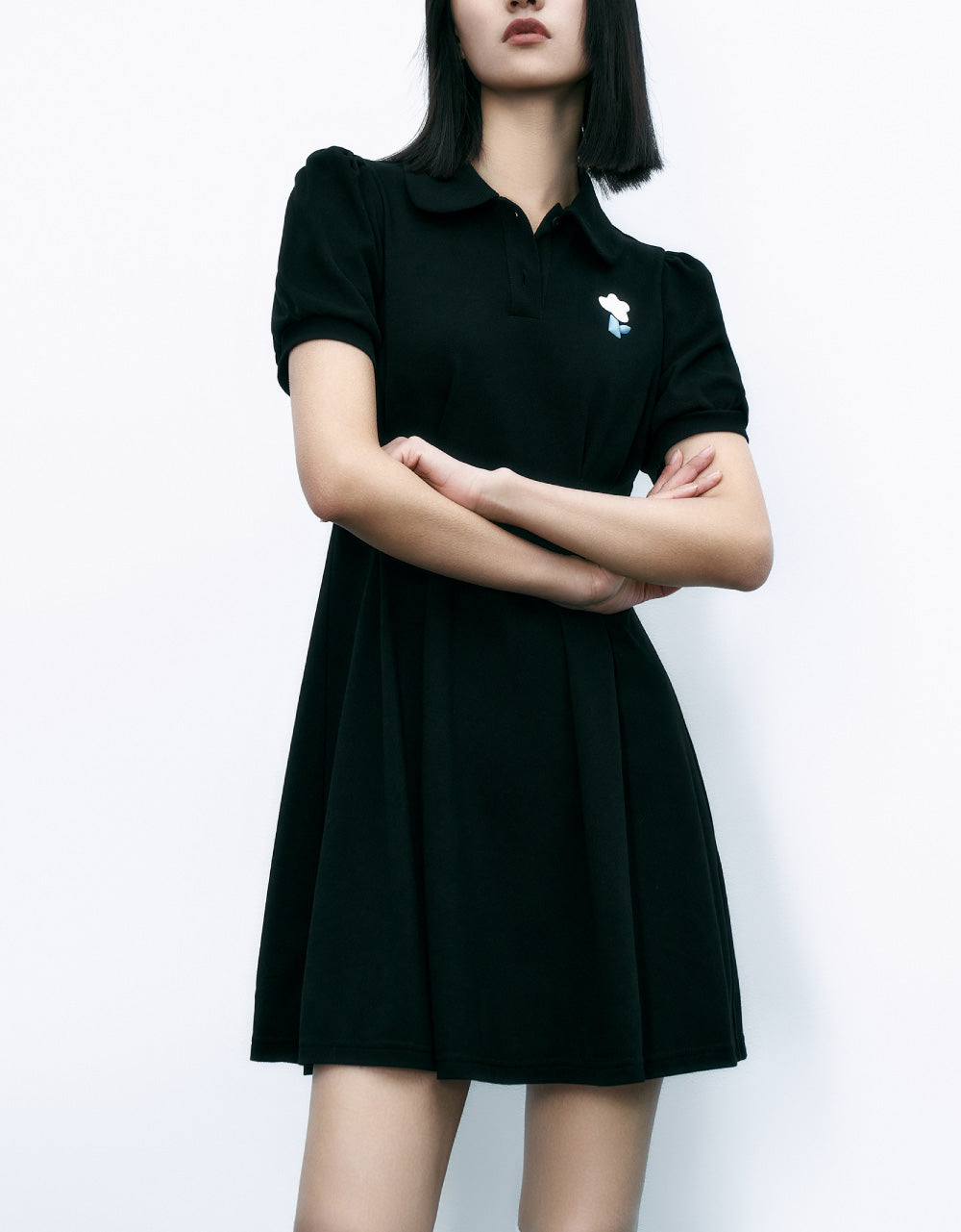 Flower Detail Lapel Skater Dress