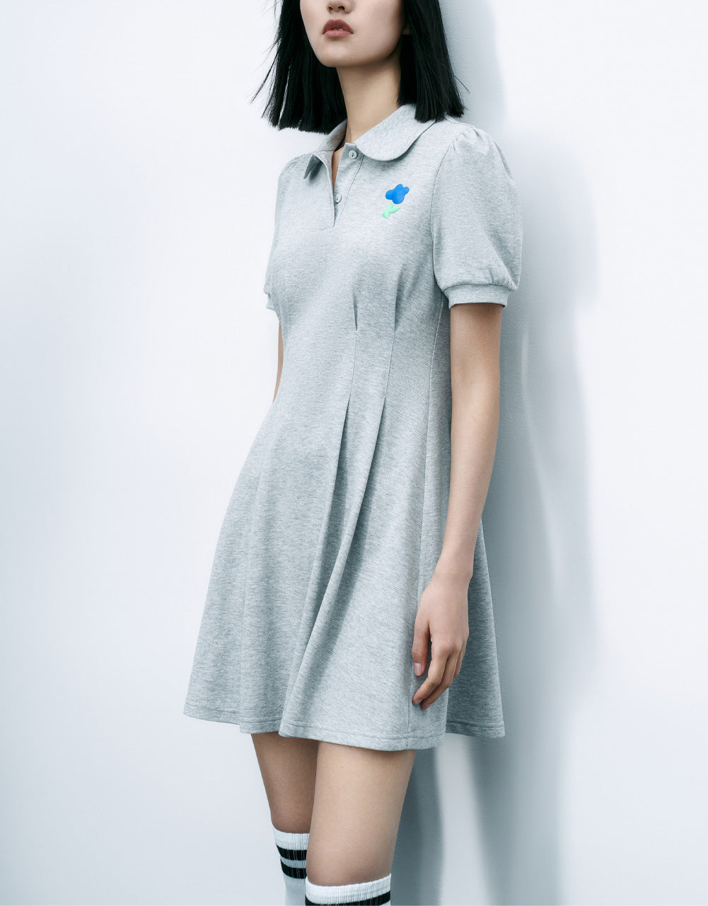 Flower Detail Lapel Skater Dress