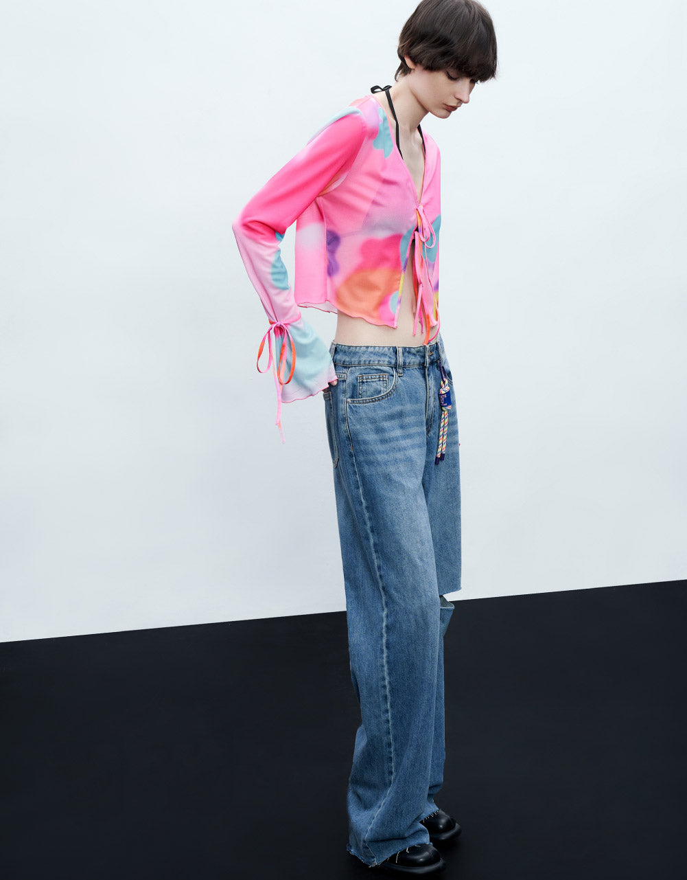 Tie Front V-Neck Knitted T-Shirt