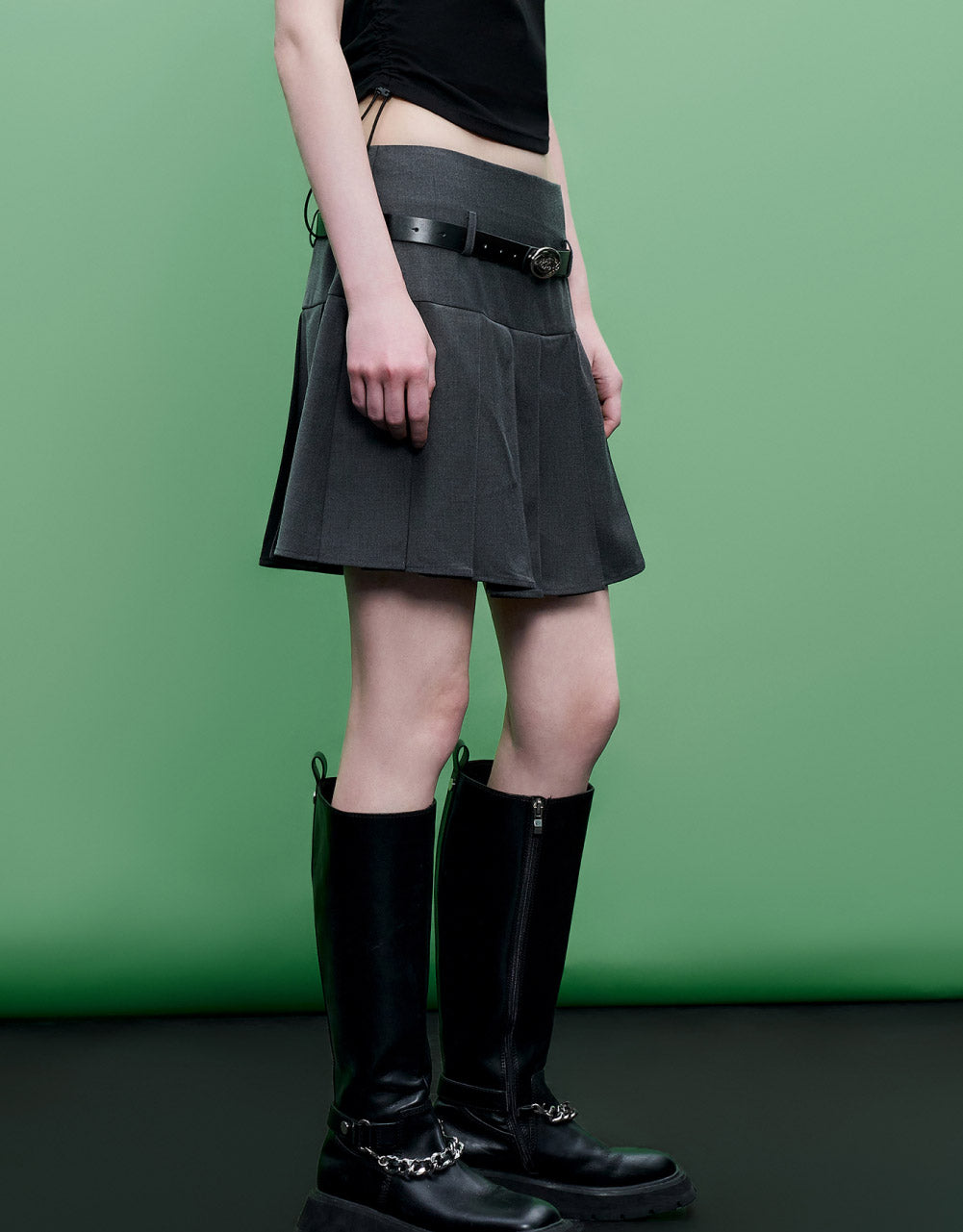 Pleated Mini Skirt With Skinny Belt