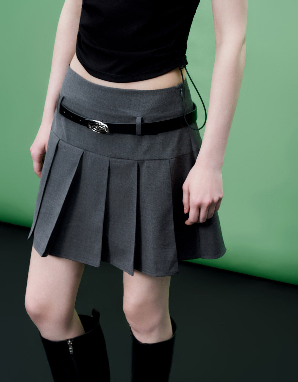 Pleated Mini Skirt With Skinny Belt