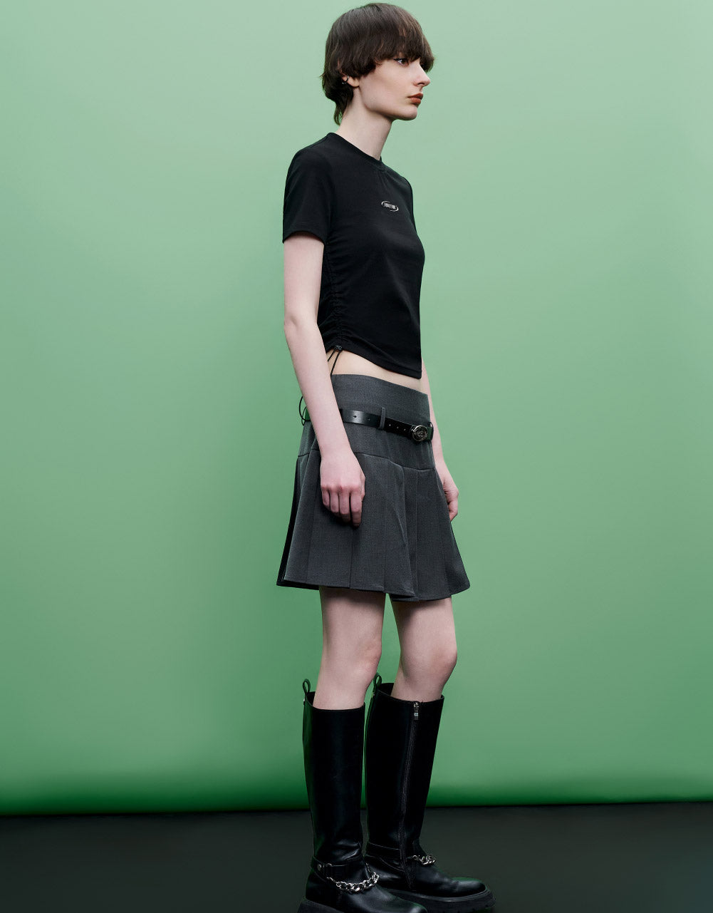 Pleated Mini Skirt With Skinny Belt