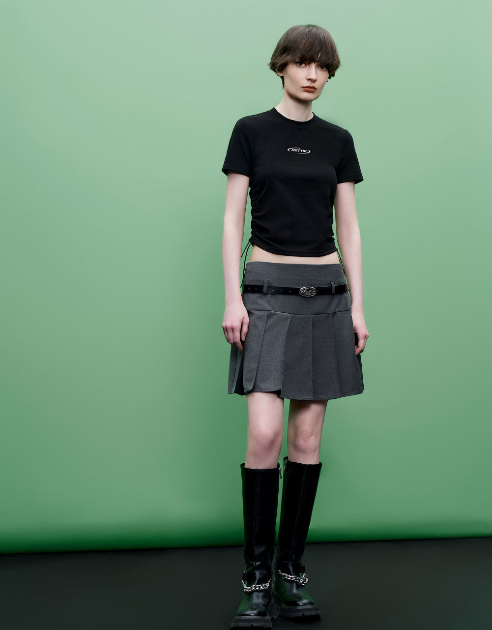 Pleated Mini Skirt With Skinny Belt