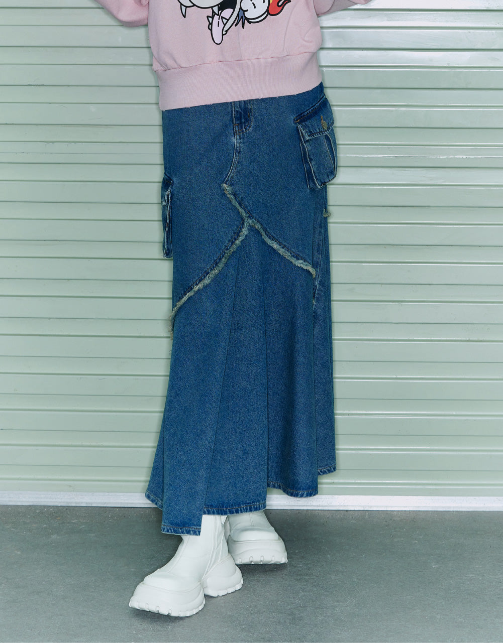 Fish-Tail Denim Midi Skirt