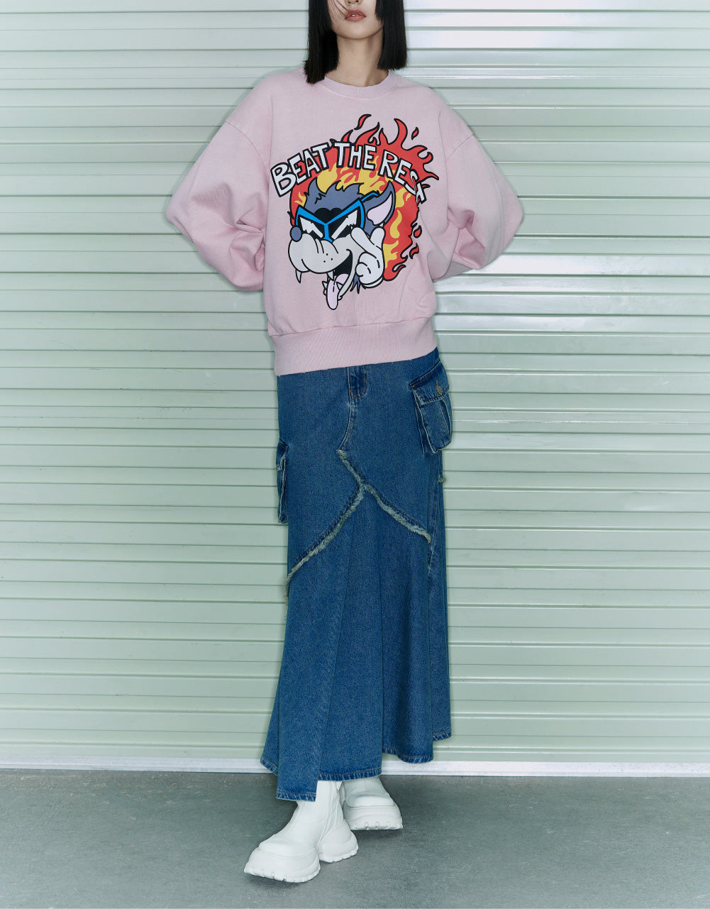 Fish-Tail Denim Midi Skirt