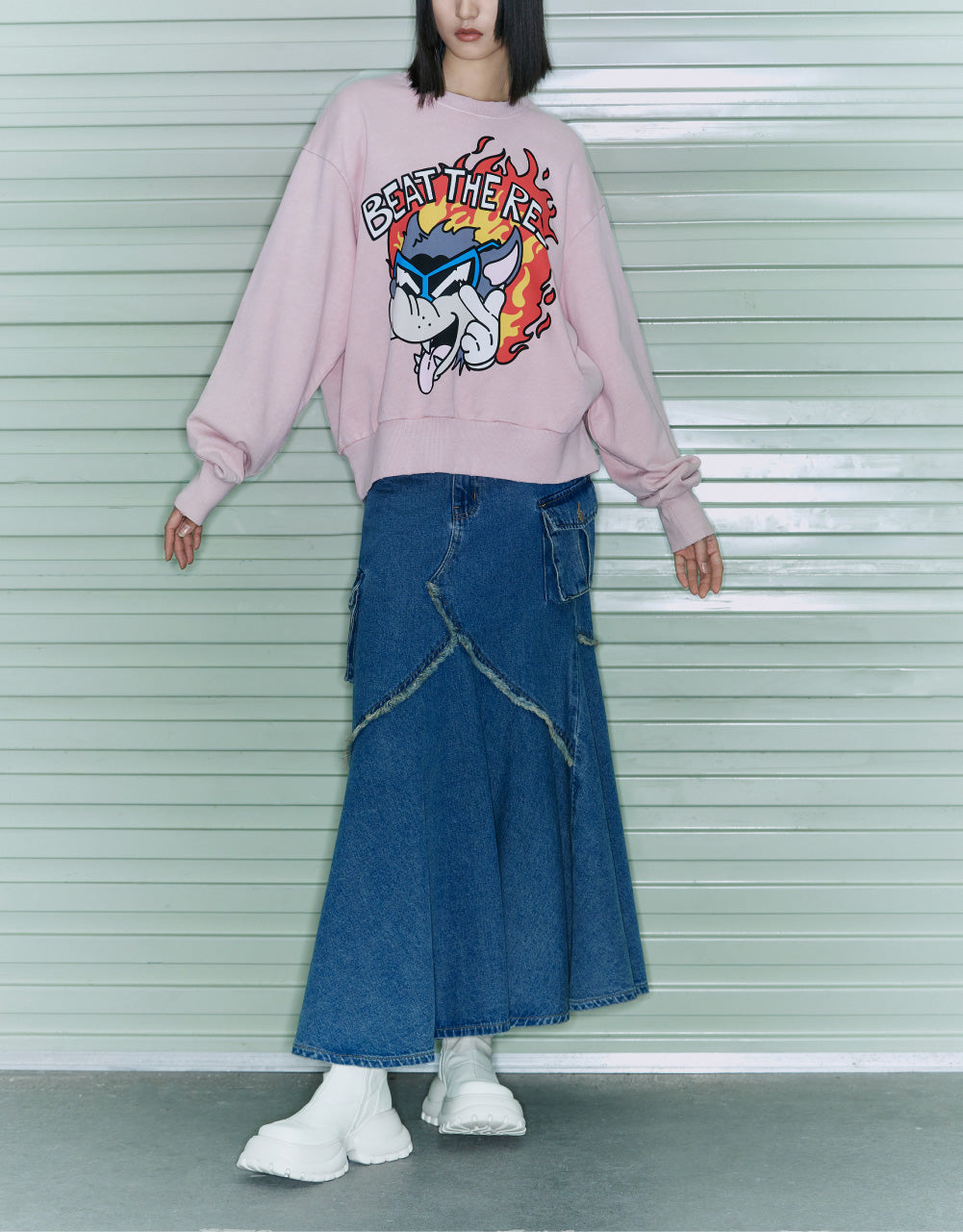 Fish-Tail Denim Midi Skirt