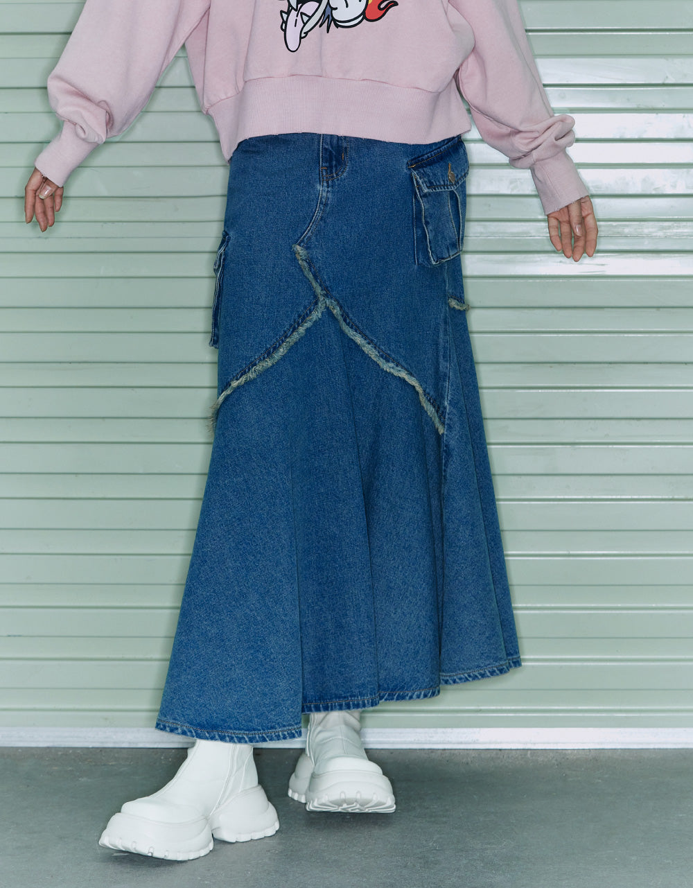 Fish-Tail Denim Midi Skirt