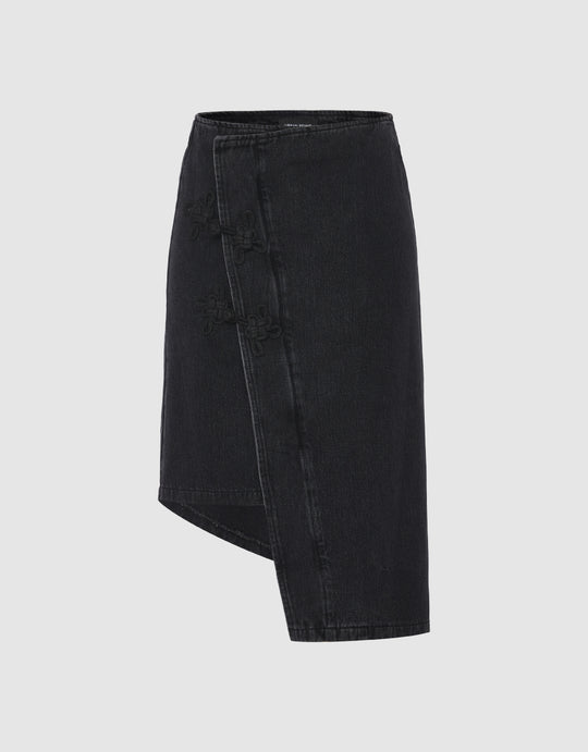 Chinese Button Wrap Denim Skirt