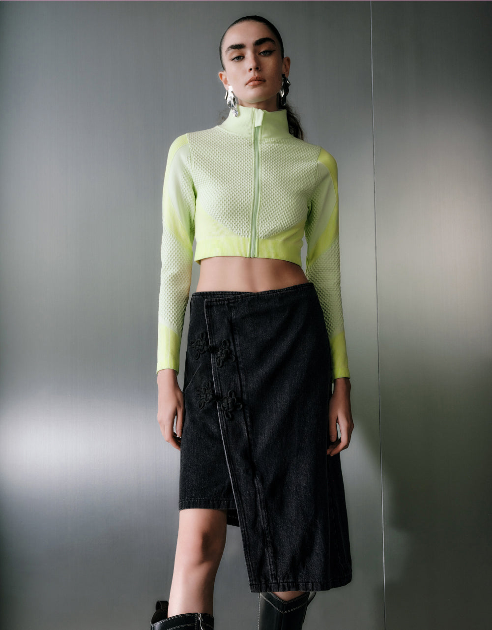 Chinese Button Wrap Denim Skirt