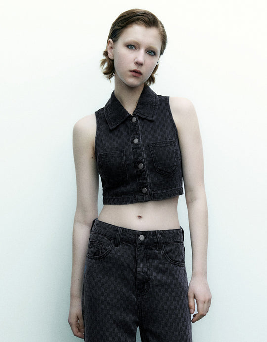 Button Up Textured Denim Vest