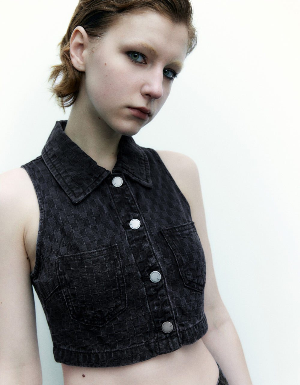 Button Up Textured Denim Vest
