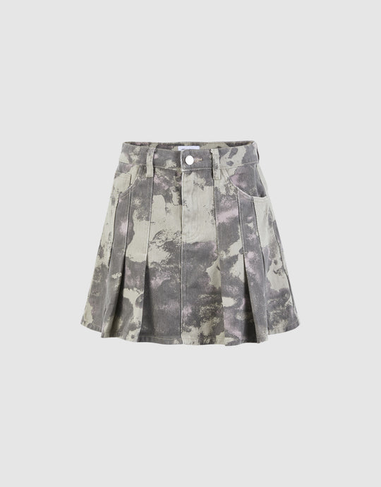 Pleated Camouflage Denim Skirt