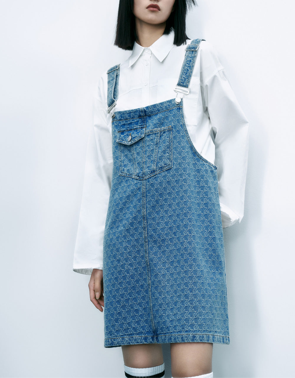 Monogram Midi Denim Overall Dress