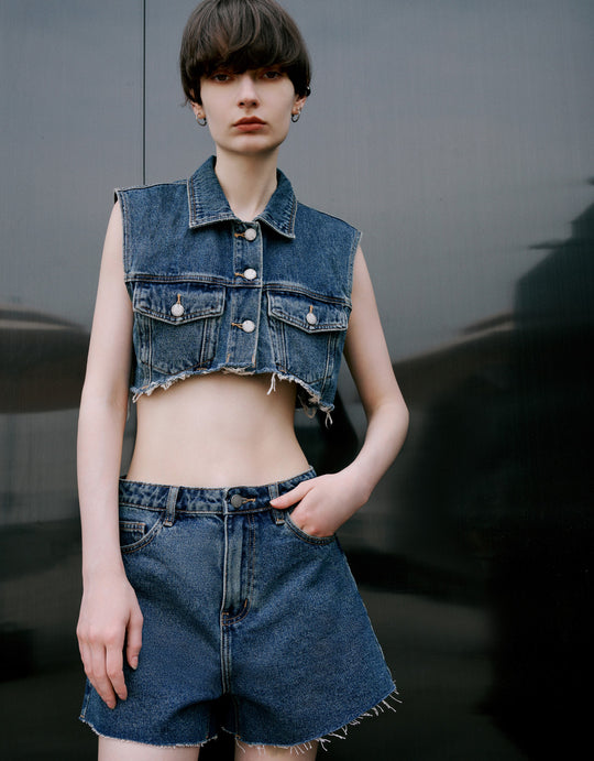 Raw Hem Mid-Waist Denim Shorts