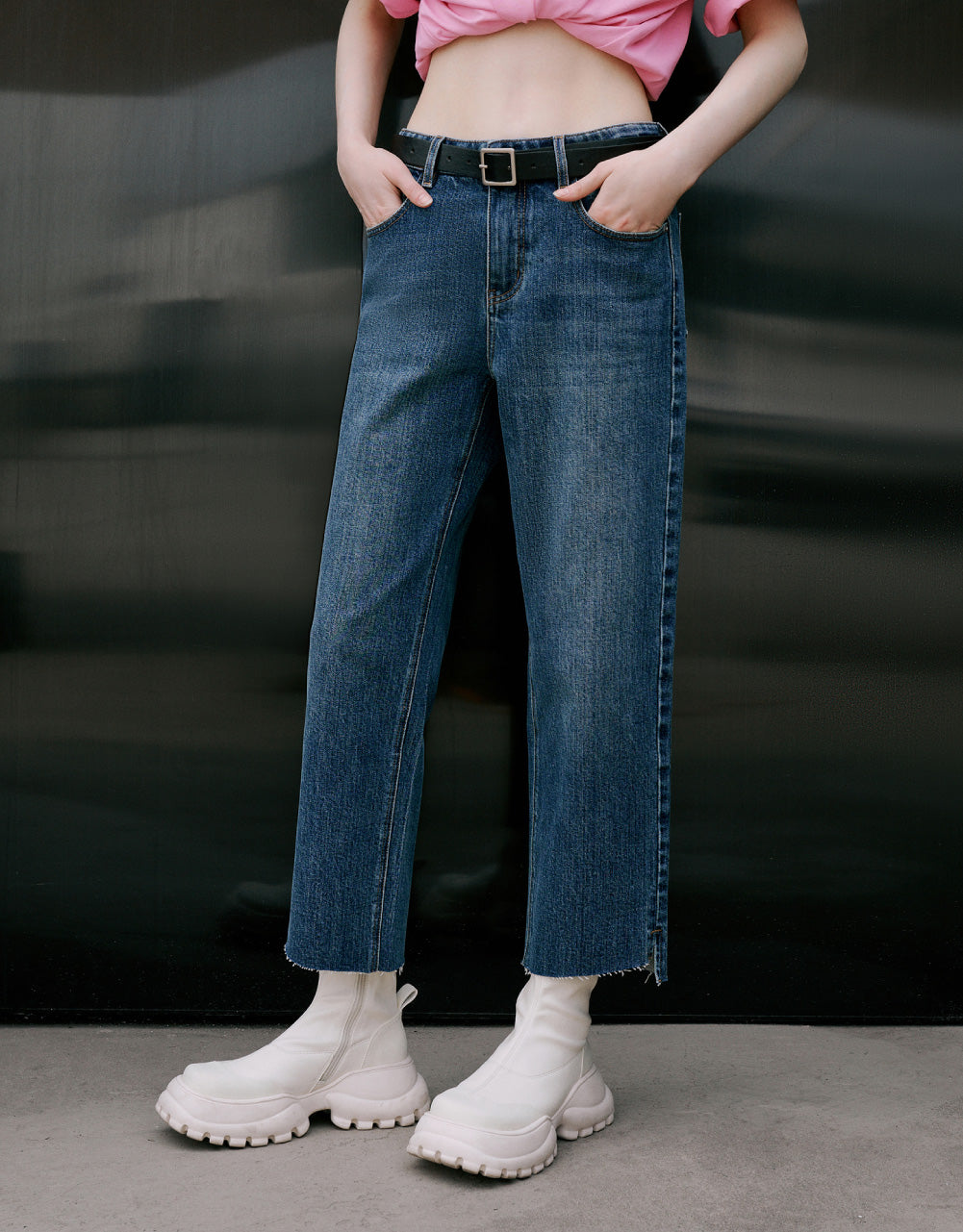 Raw Hem Straight Jeans With Belt