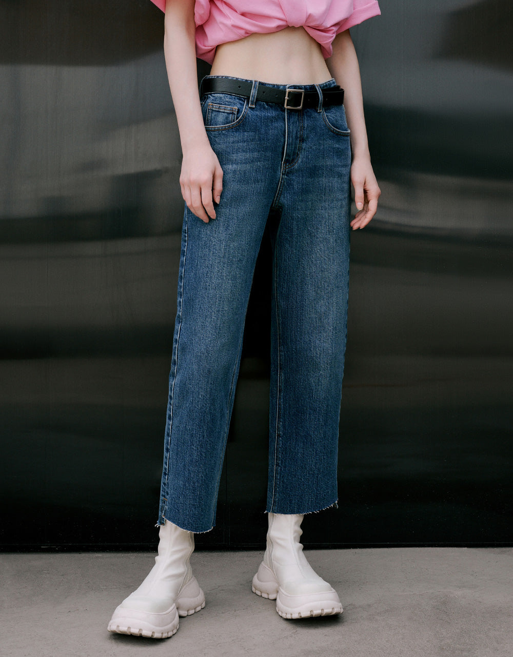 Raw Hem Straight Jeans With Belt