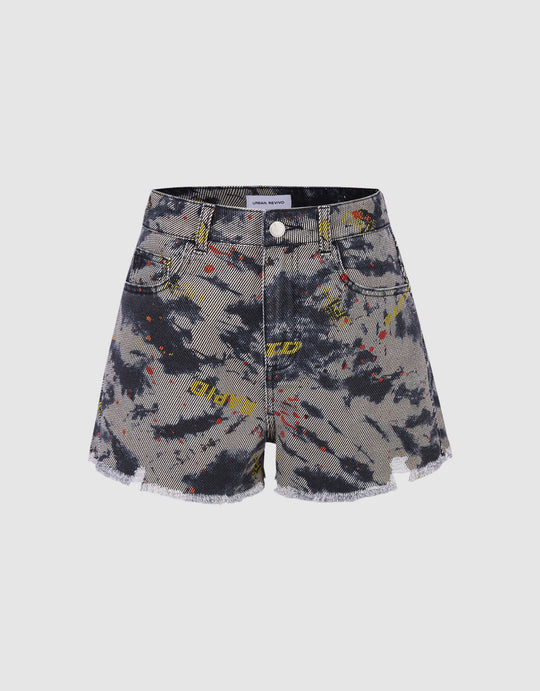 Camouflage Raw Hem Denim Shorts