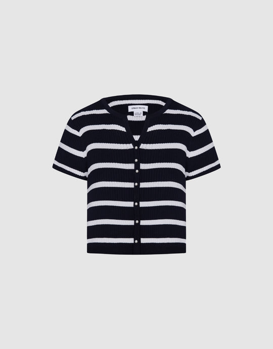 Button Front Striped  Short Sleeve Cardigan
