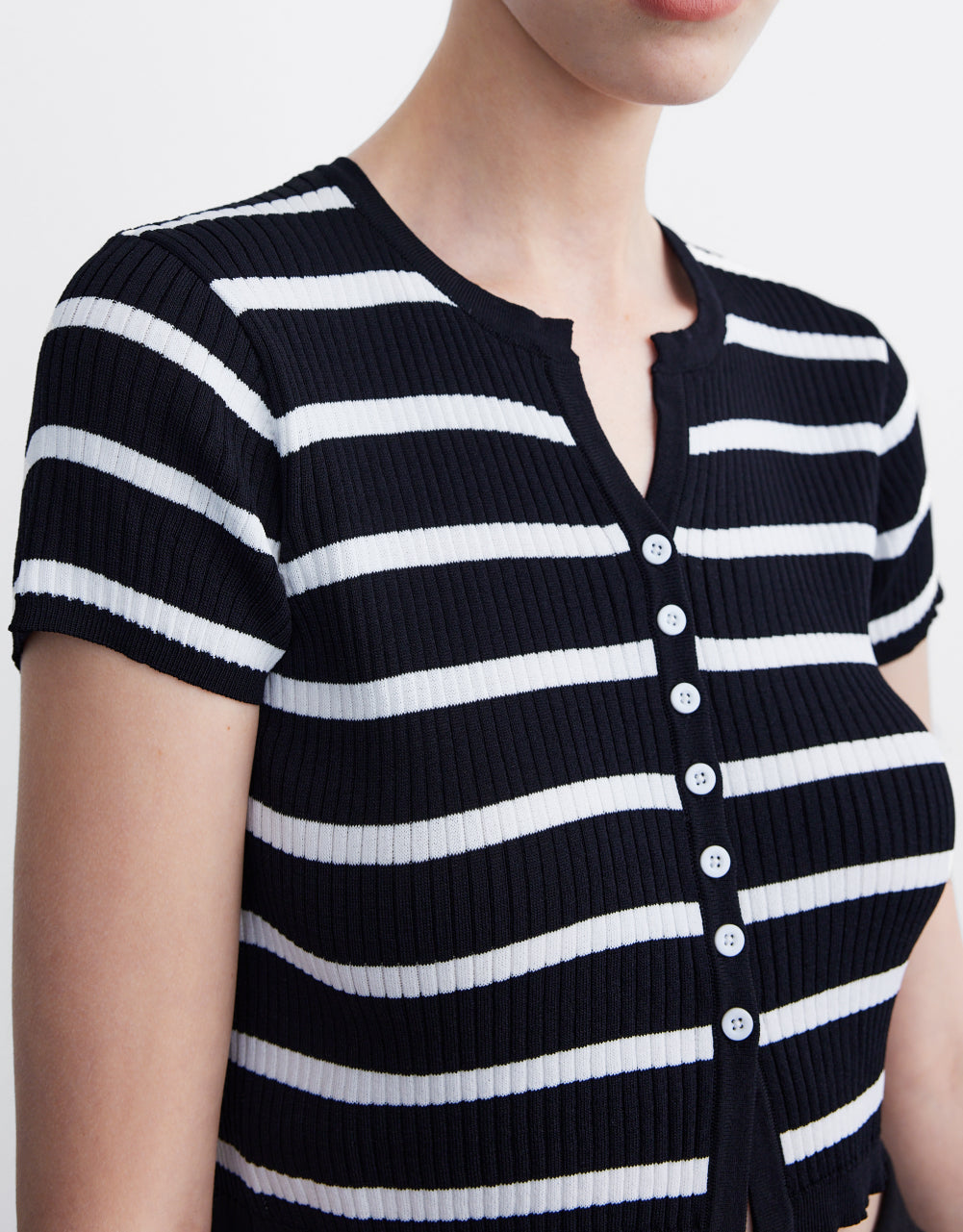 Button Front Striped  Short Sleeve Cardigan