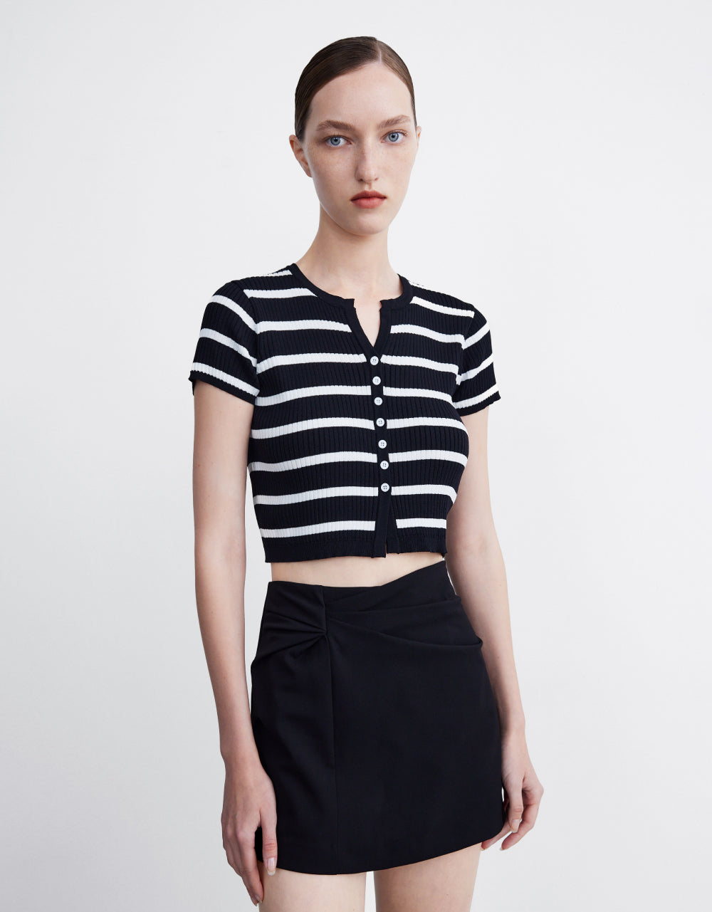 Button Front Striped  Short Sleeve Cardigan