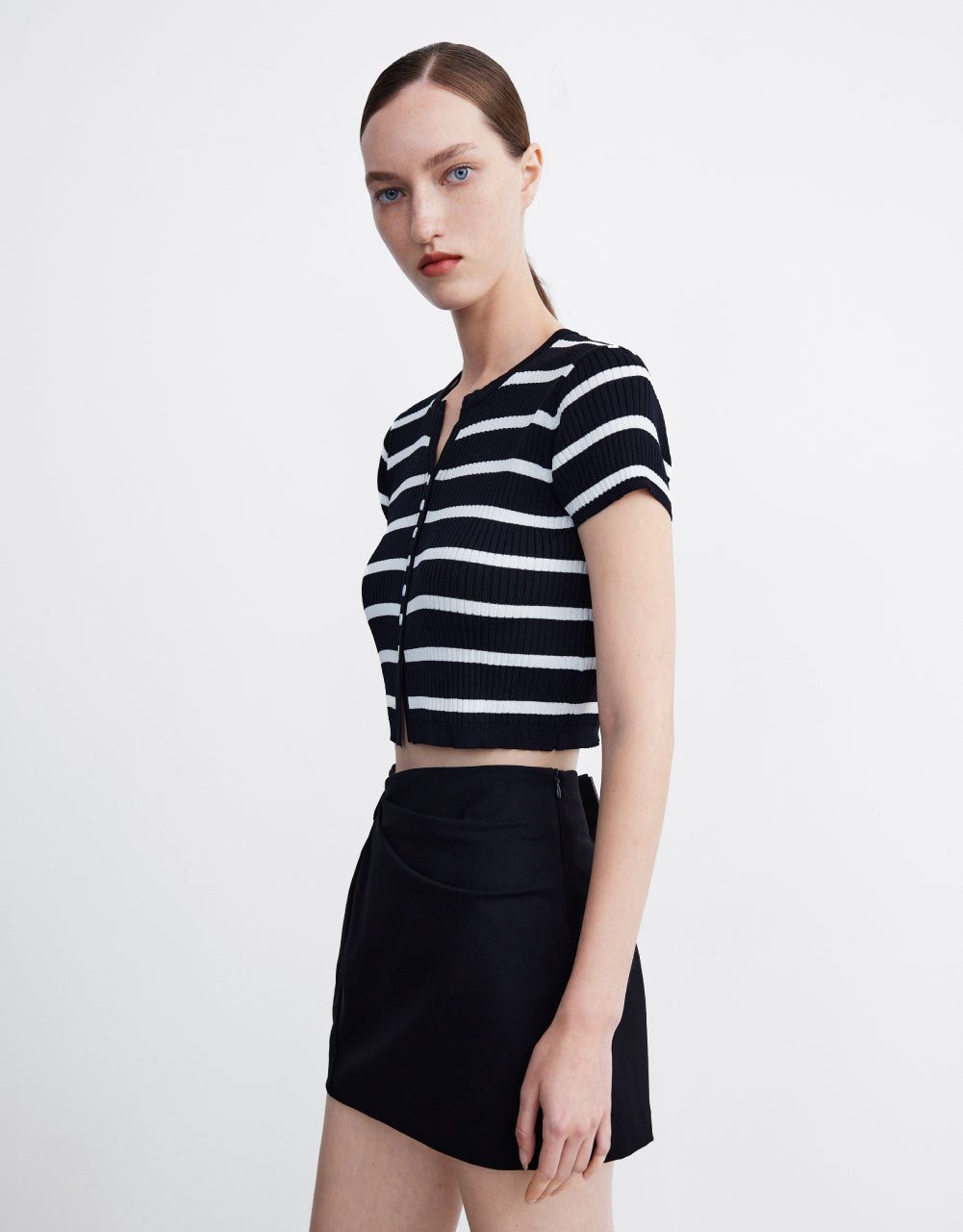 Button Front Striped  Short Sleeve Cardigan